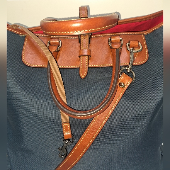 Brown LEATHER and Navy Canvass Men's Messenger Bag - Picture 2 of 16